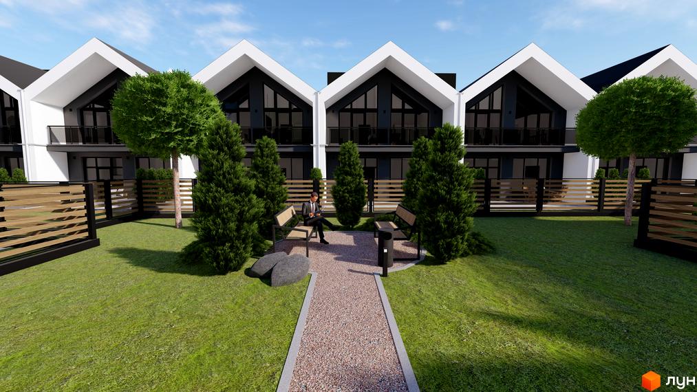 Котеджне містечко КМ GREEN WALL. Зовнішній вигляд будинків з великими вікнами та прибудинкова територія з ландшафтним дизайном.