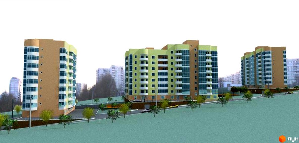 Житловий комплекс Green Town з сучасними будинками та прибудинковою територією, озелененою деревами та газонами.