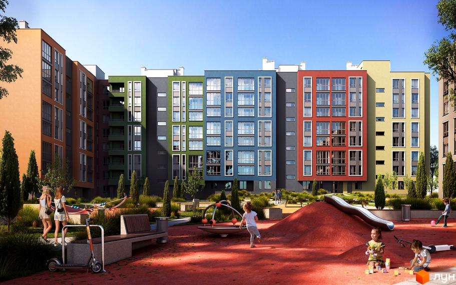 Багатоповерховий будинок житлового комплексу Київський з яскравим фасадом. На території дитячий майданчик з гіркою та гойдалкою.