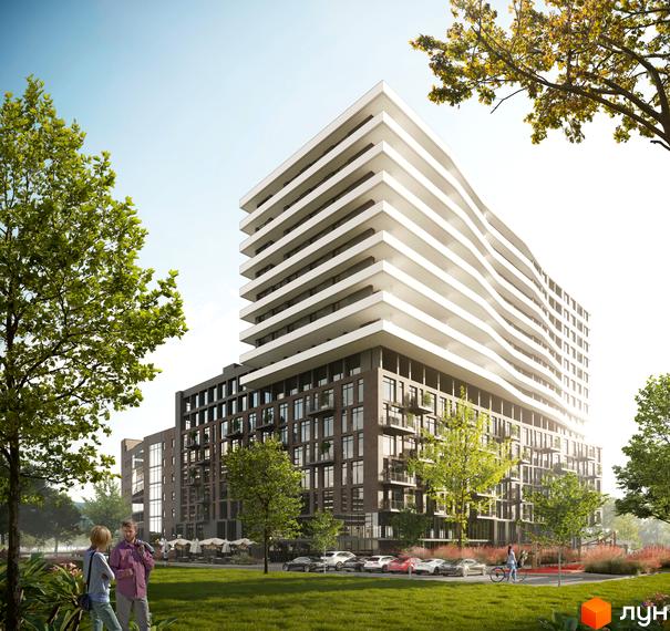 Житловий комплекс AUROOM SOLAR з хвилястими білими балконами та цегляним фасадом, розташований на тлі зеленого парку з деревами та місцями для відпочинку.