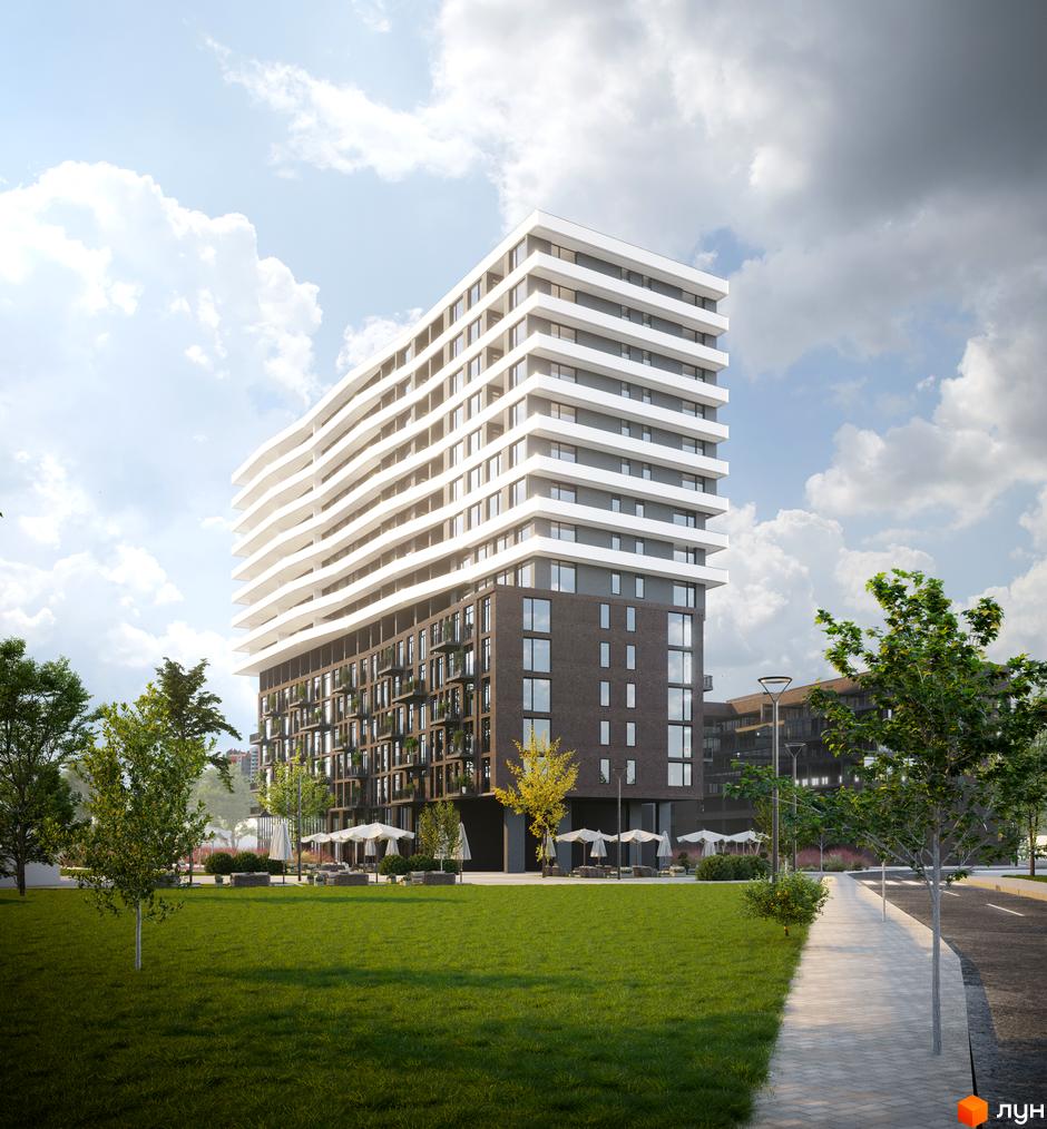 Зовнішній вигляд будинку ЖК AUROOM SOLAR з вигнутим фасадом та балконами, зелена прибудинкова територія з газоном та деревами.