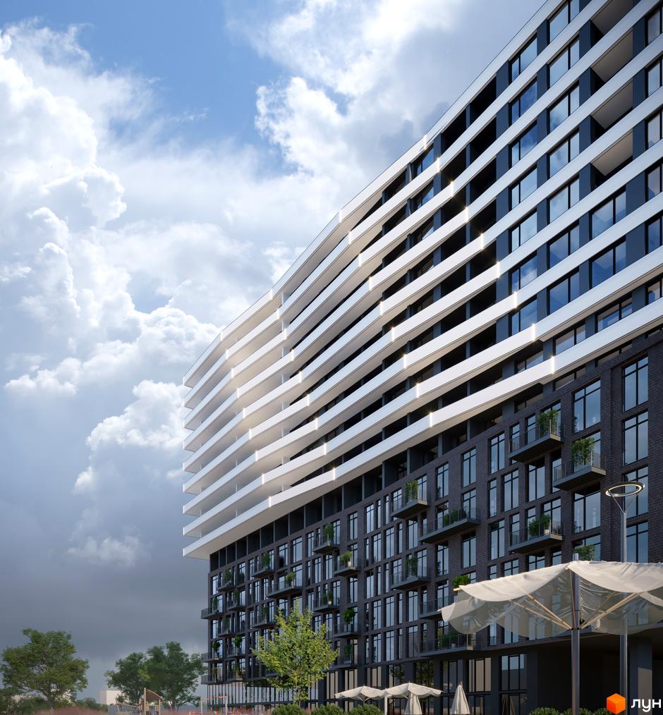 Житловий комплекс AUROOM SOLAR з білими хвилястими балконами та темними фасадами на фоні хмарного неба. На передньому плані видно парасольки та зелені дерева.