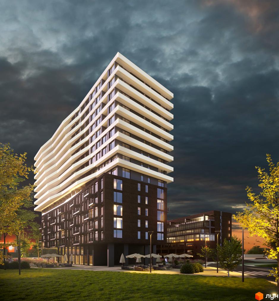 Житловий комплекс AUROOM SOLAR з хвилястими балконами та темним фасадом на тлі хмарного неба. На прибудинковій території зелена галявина, дерева та зони відпочинку з парасольками.