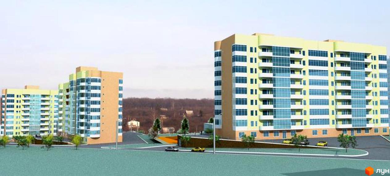 Житловий комплекс Green Town. Багатоповерхові будинки з жовтими та коричневими фасадами, великими вікнами та балконами. Навколо зелені газони, дороги та дерева.