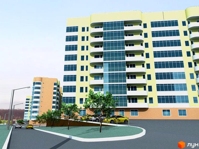 Житловий комплекс Green Town з великими вікнами та балконами. Прибудинкова територія з зеленими насадженнями та паркувальними місцями.