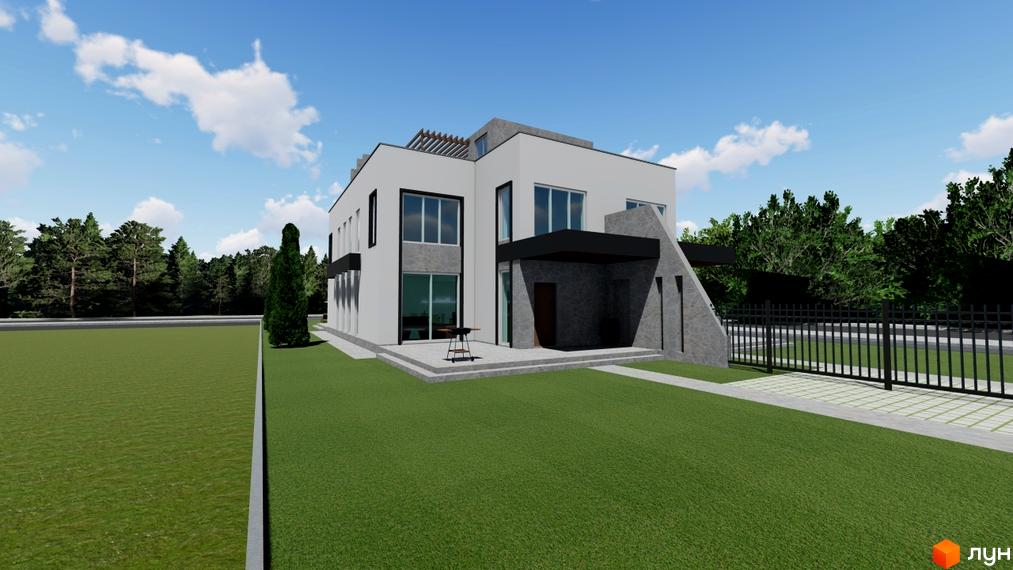 Зображення двоповерхового будинку в New Life Townhouse з великими вікнами та газоном. Перед будинком розташована тераса з зоною для барбекю.