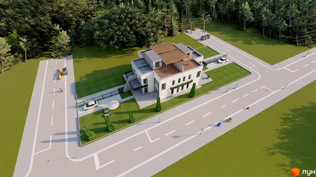 Зображення будинку New Life Townhouse з двома поверхами та терасою. Навколо будинку зелений газон та дорога.