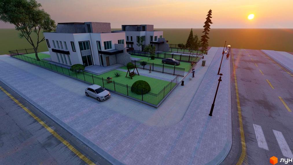 Зображення New Life Townhouse: двоповерхові будинки з зеленими газонами та деревами. На території є дитячий майданчик та парковка.