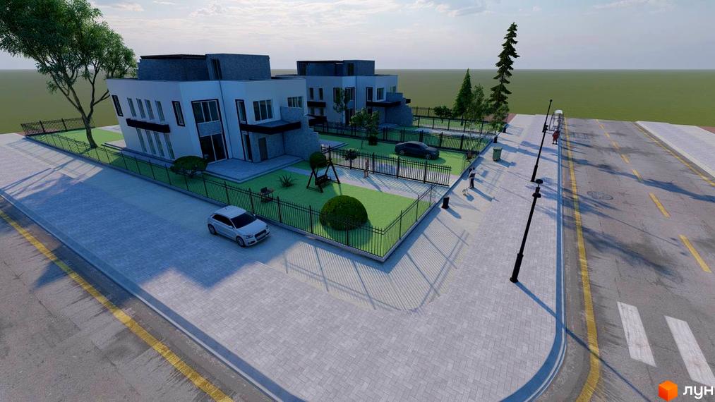 Зображення таунхаусів New Life Townhouse з прибудинковою територією. На подвір'ї є газон, дерева, кущі та дитячий майданчик.