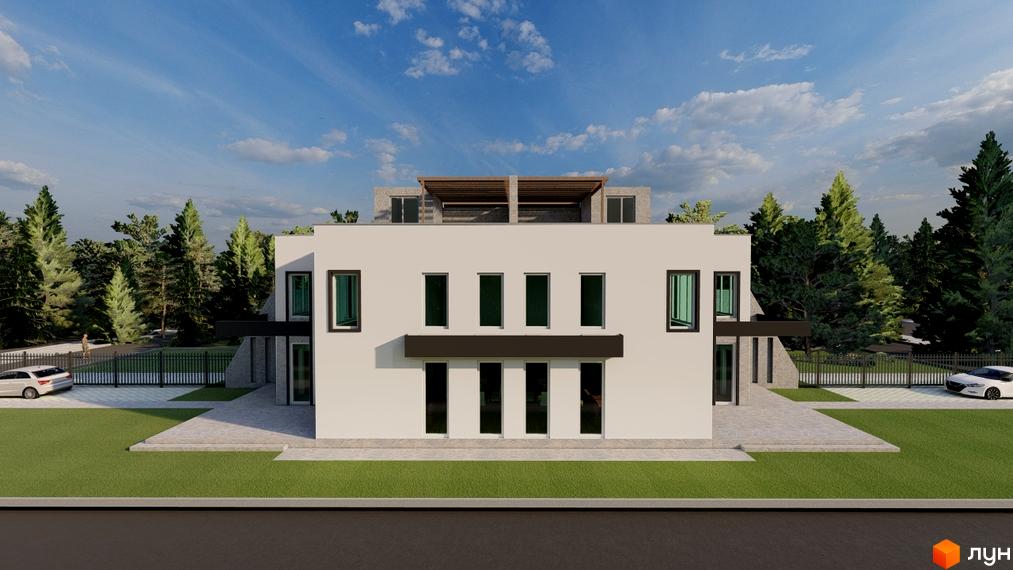 Зображення фасаду таунхаусу New Life Townhouse з великими вікнами. Навколо зелений газон та дерева.