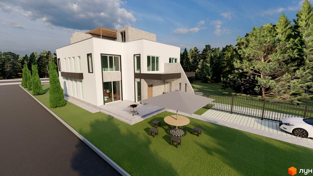 Зображення будинку в New Life Townhouse. На прибудинковій території розташовані зелений газон, парасолька та вуличні меблі.