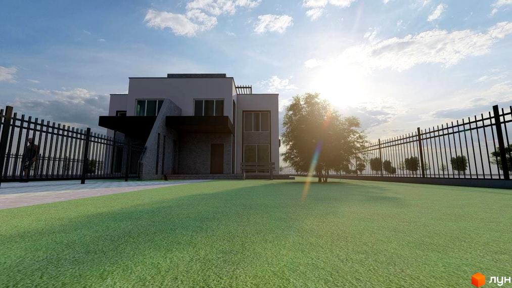 Зображення двоповерхового будинку в New Life Townhouse з великими вікнами та зеленим газоном. Навколо будинку встановлено металеву огорожу.