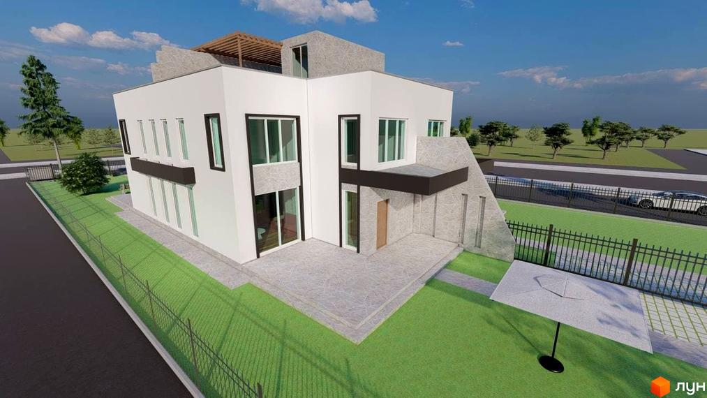 Зображення таунхаусу New Life Townhouse з прибудинковою територією. На подвір'ї газон та парасолька.