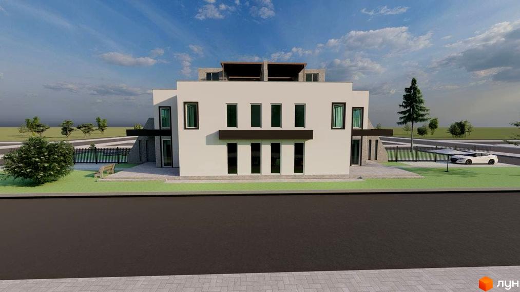 Зображення фасаду таунхаусу New Life Townhouse з прибудинковою територією. На подвір'ї видно зелені насадження та парковку для автомобіля.