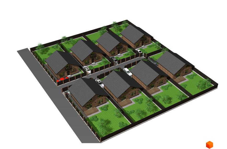 Зображення Котеджного містечка Одноповерховий Київ - Погреби: будинки з сірими дахами та зеленою прибудинковою територією.