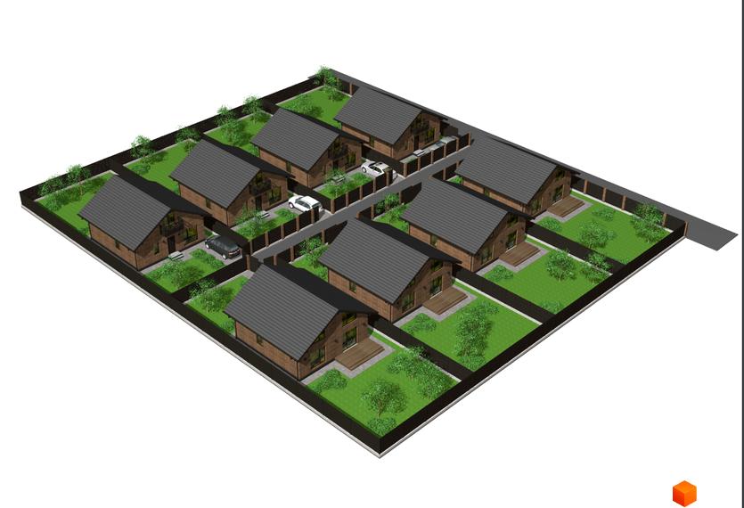 Візуалізація будинків у Котеджному містечку Одноповерховий Київ - Погреби з сірими дахами та зеленими газонами на прибудинковій території.