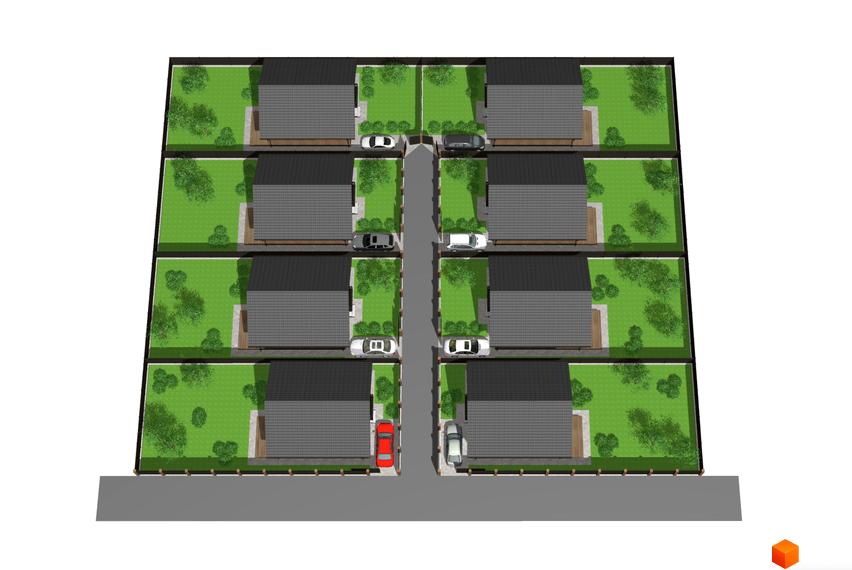 Візуалізація Котеджного містечка Одноповерховий Київ - Погреби з одноповерховими будинками та зеленими газонами. Перед будинками припарковані автомобілі.
