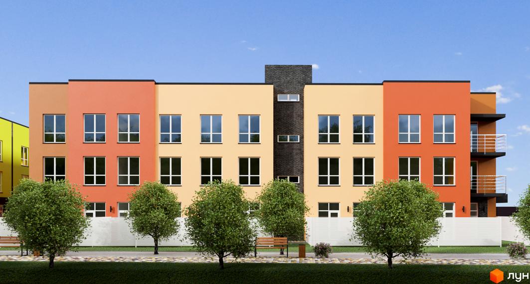Зовнішній вигляд Житлового комплексу Калиновий Квартал, триповерховий будинок з різнокольоровим фасадом та великими вікнами. Перед будинком зелені дерева.