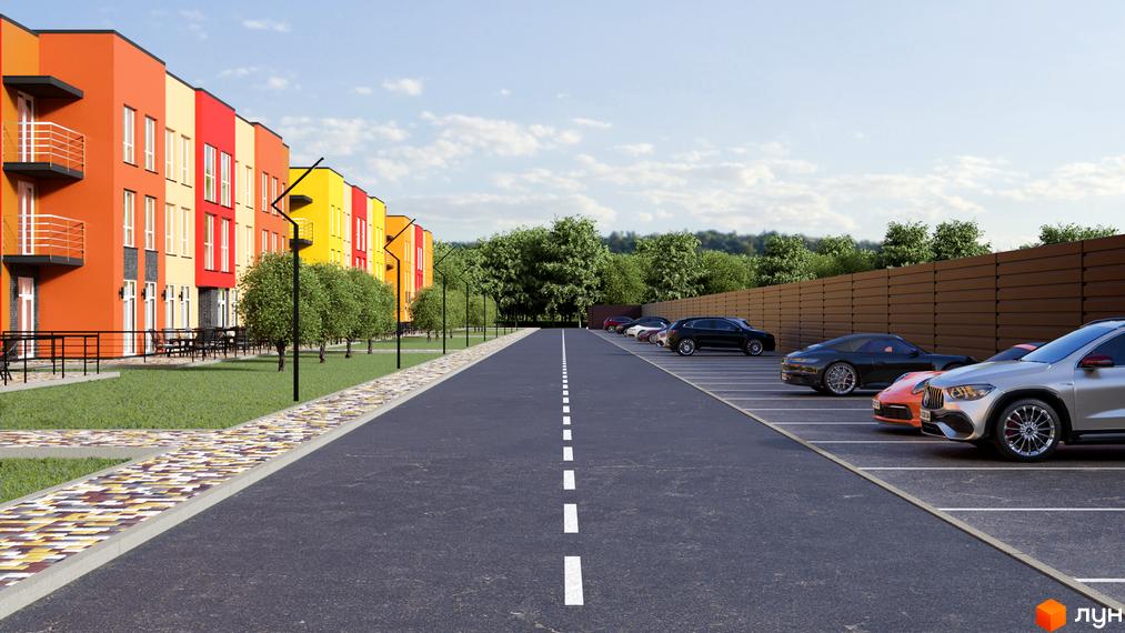 Зображення фасаду будинків Житлового комплексу Калиновий Квартал з парковкою та прибудинковою територією.