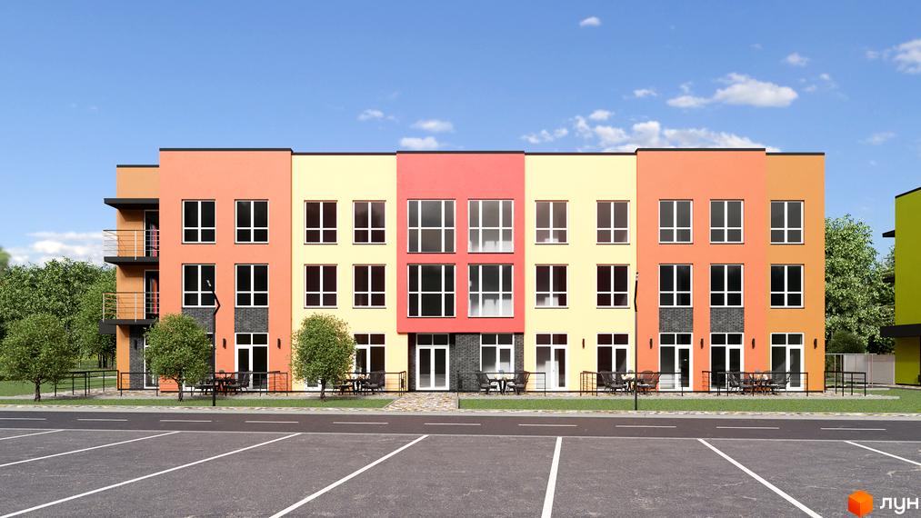 Зовнішній вигляд будинку в Житловому комплексі Калиновий Квартал. На передньому плані парковка та прибудинкова територія.