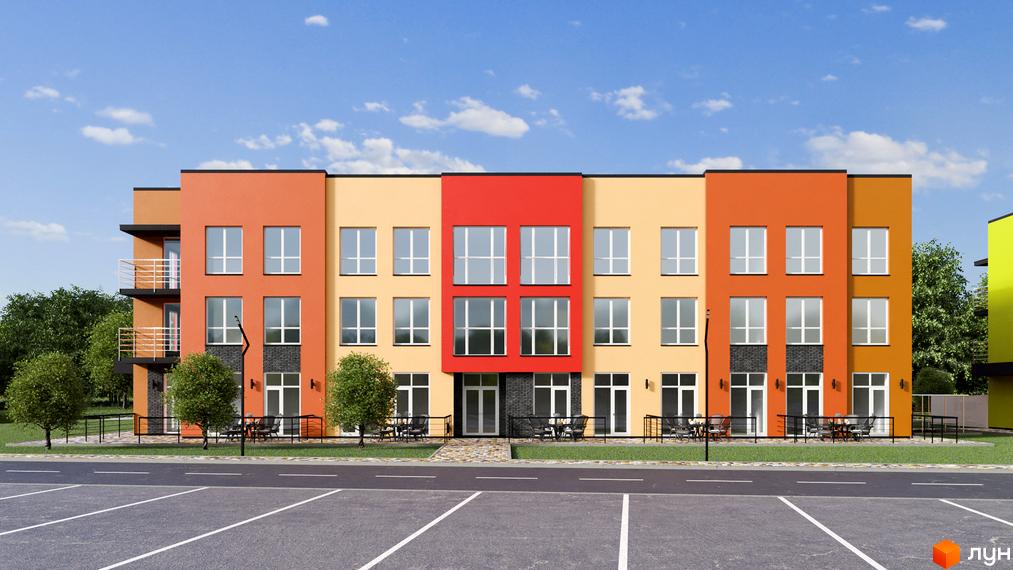 Зображення фасаду Новобудови Калиновий Квартал. На фото видно будівлю з яскравими стінами та парковкою.