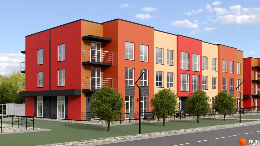 Яскравий житловий комплекс з різнокольоровими фасадами. На прибудинковій території висаджені дерева, є тротуар та дорога.