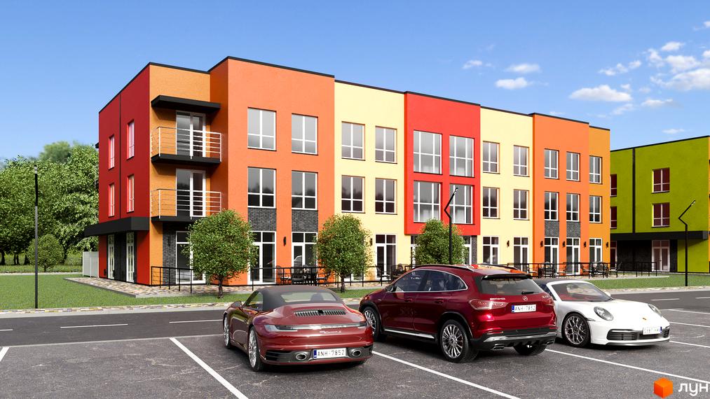 Яскравий житловий комплекс з різнокольоровими фасадами та парковкою для автомобілів. ЖК Калиновий Квартал — комфортне житло у новобудові.