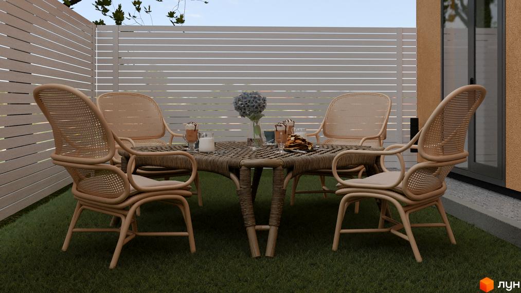 Зображення зони відпочинку з плетеними меблями на території Житлового району Калиновий Квартал.