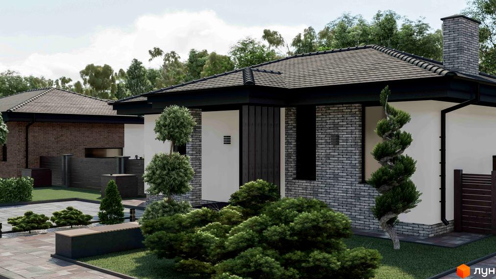 Котеджне містечко КМ Forest Gump. Зовнішній вигляд будинку з сірої цегли та білої штукатурки, покрівля темного кольору, навколо зелені насадження та доглянута територія.