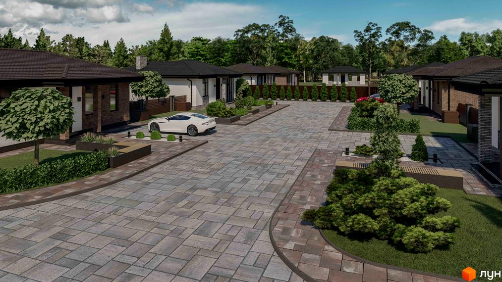 Котеджне містечко Forest Gump: одноповерхові будинки з цегляним фасадом та просторим подвір'ям, вимощеним бруківкою. На території розташовані зелені насадження та сучасні лавки.