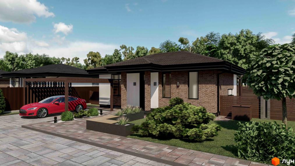 Котеджне містечко Forest Gump: цегляний будинок з навісом для авто та червоним електромобілем на бруківці.