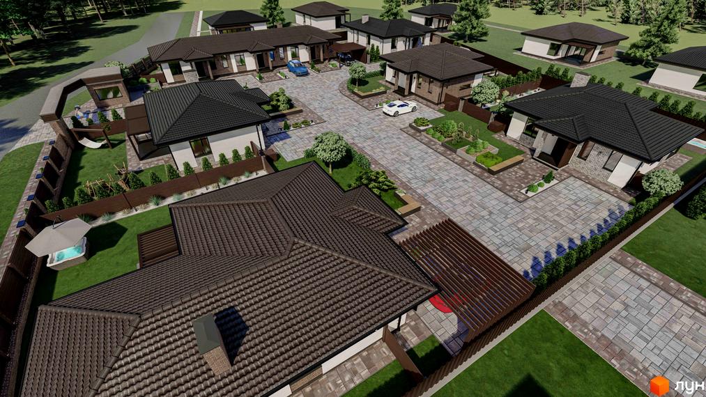 Котеджне містечко Forest Gump: сучасні будинки з темними дахами та брукованими подвір'ями, зелені газони, дерева та зона відпочинку з басейном.