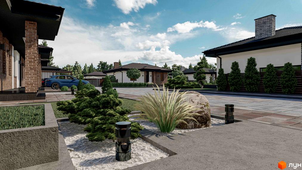 Котеджне містечко Forest Gump: фасади будинків з цегли та білої штукатурки, доглянута прибудинкова територія з зеленими насадженнями та бруківкою.