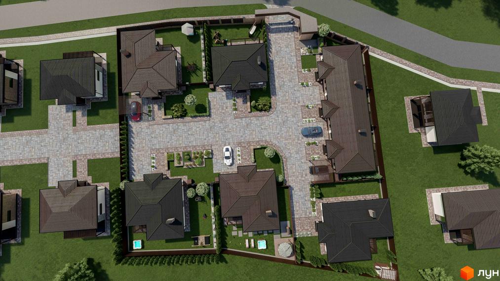 Котеджне містечко Forest Gump. Аерофотозйомка котеджів з темними дахами та прибудинковою територією з зеленими газонами та бруківкою.