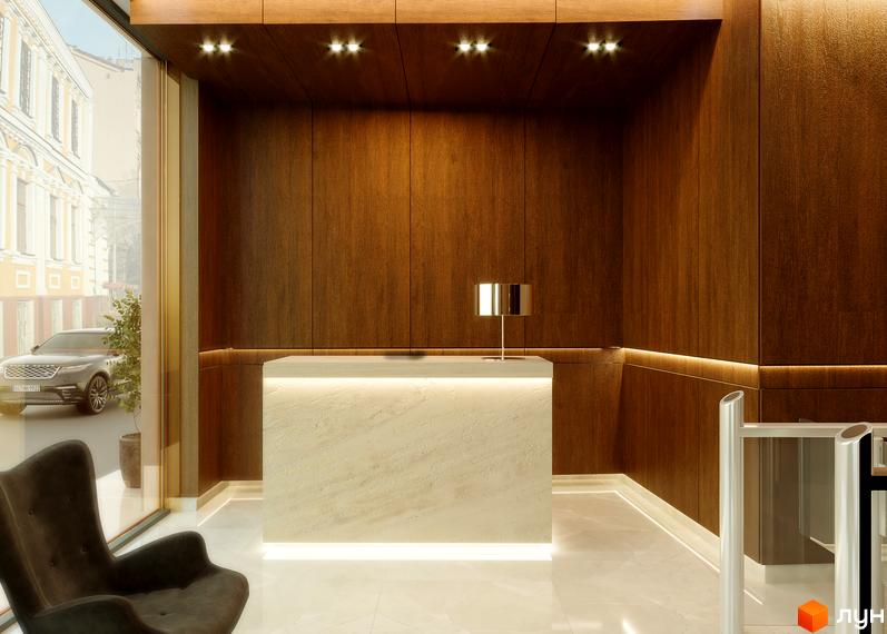 Апарт-готель „На Тургенєвській, 17а“ – елегантний вестибюль з мармуровою стійкою реєстрації та дерев'яними панелями. Зовні видно автомобіль та міську забудову.