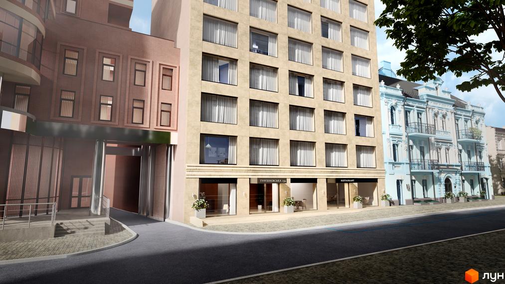 Апарт-готель „На Тургенєвській, 17а“ – фасади будівель з великою кількістю вікон, викладені світлою плиткою та цеглою. Поруч розташовані старовинні будинки блакитного кольору.