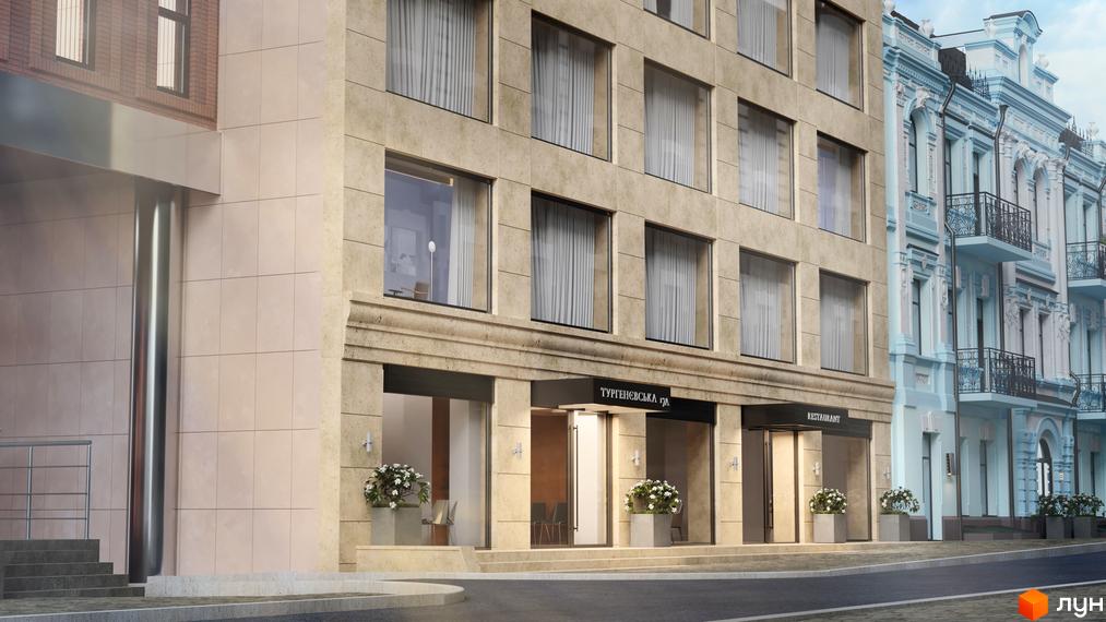 Апарт-готель „На Тургенєвській, 17а“ – це новий житловий комплекс з фасадом у світлих тонах та великими вікнами. Будівля має вишуканий архітектурний вигляд, що гармонійно вписується в міський ландшафт.