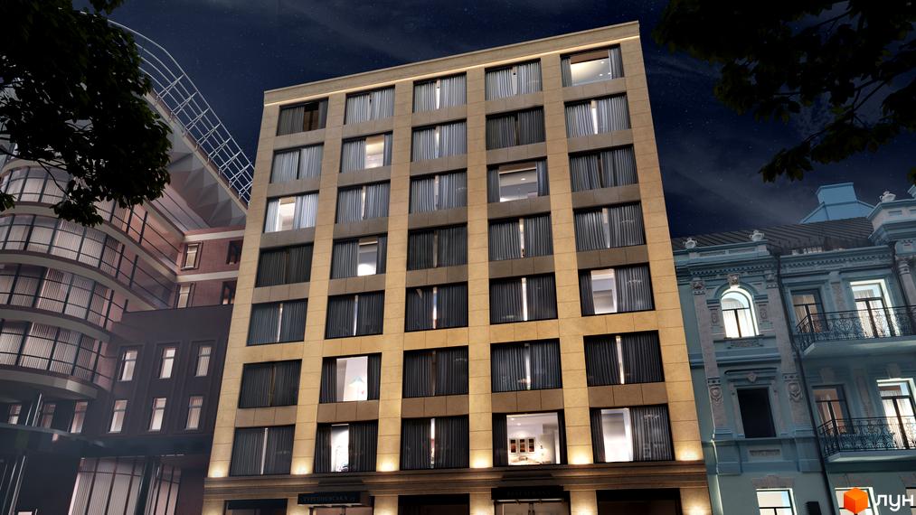 Апарт-готель „На Тургенєвській, 17а“ – це сучасна новобудова з фасадами, оздобленими світлим каменем, та великими вікнами. Будівля розташована в міській забудові.