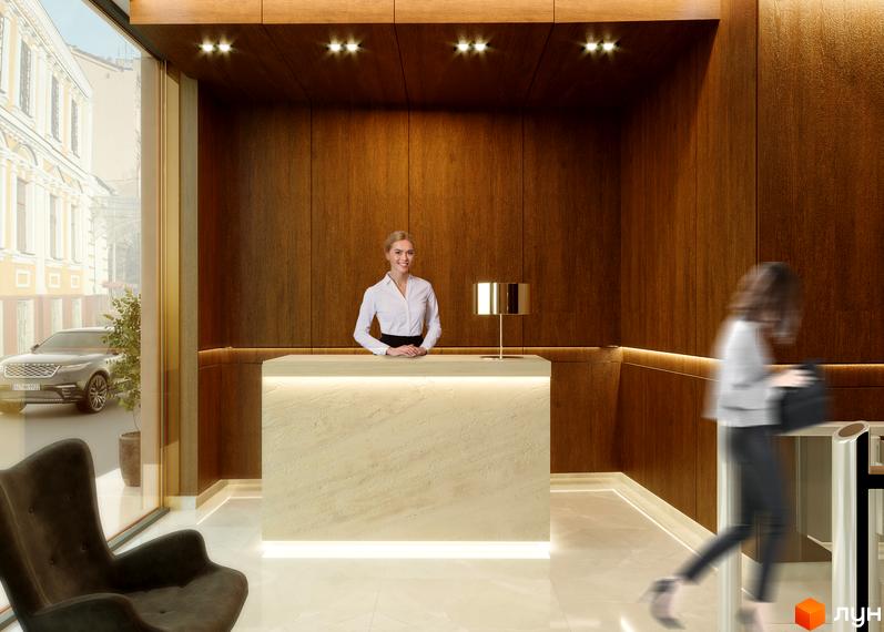 Апарт-готель „На Тургенєвській, 17а“: рецепція з адміністратором та відвідувачкою. Зовнішній вигляд будинку та прибудинкової території.