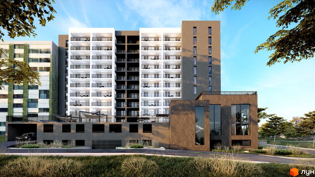 Зовнішній вигляд житлового комплексу Парковий з білими та сірими фасадами, балконами та зеленою зоною біля будинку. Навколо комплексу розташовані дерева та кущі.