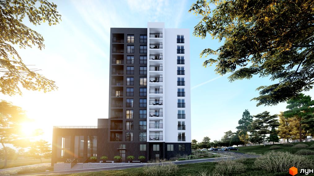 Зовнішній вигляд житлового комплексу Парковий з темною та білою частинами фасаду, балконами та прибудинковою територією з деревами та автомобілями.