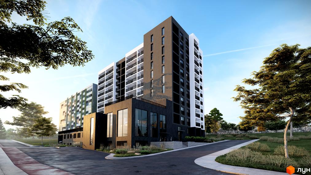Зовнішній вигляд житлового комплексу Парковий з білими та сірими фасадами, балконами та прибудинковою територією з деревами та зеленими насадженнями.