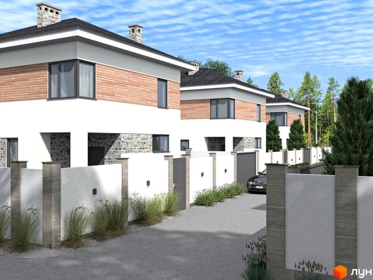 Зображення будинків Котеджного містечка Vita House з оздобленням фасаду деревом, камінням та білою штукатуркою. Подвір'я з газоном та декоративними рослинами.