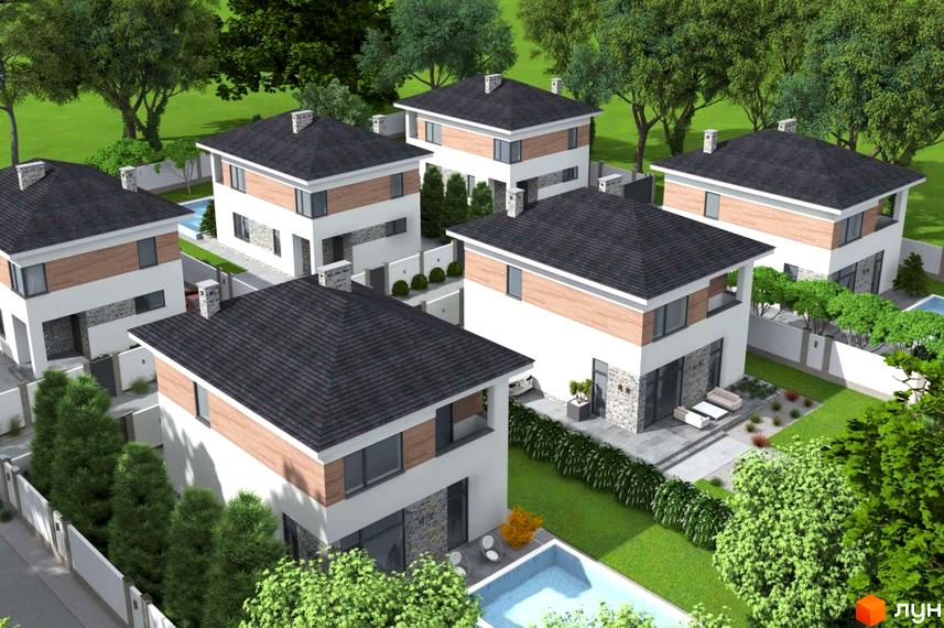 Зображення Котеджного містечка Vita House з висоти пташиного польоту. Двоповерхові будинки з басейнами та зеленими насадженнями.