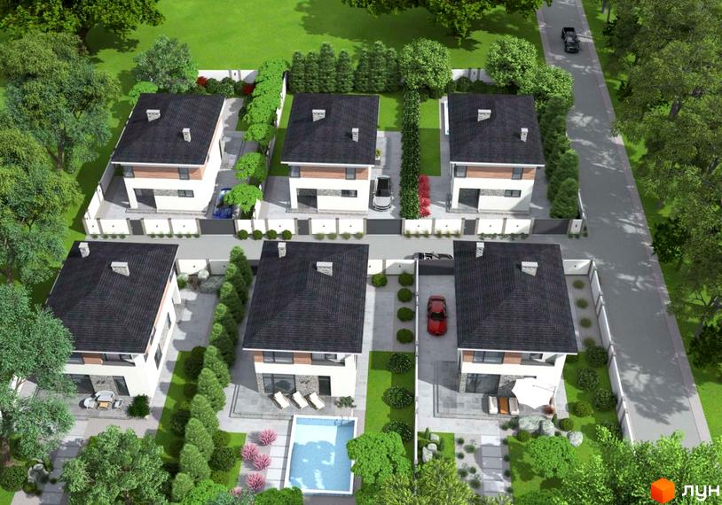 Зображення Котеджного містечка Vita House з двоповерховими будинками та басейном на прибудинковій території.