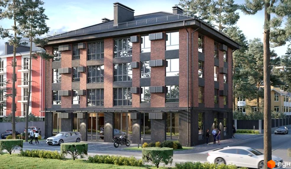 Триповерховий будинок з цегляним фасадом та панорамними вікнами. Перед будинком розташована доглянута прибудинкова територія з зеленими насадженнями та паркуванням.