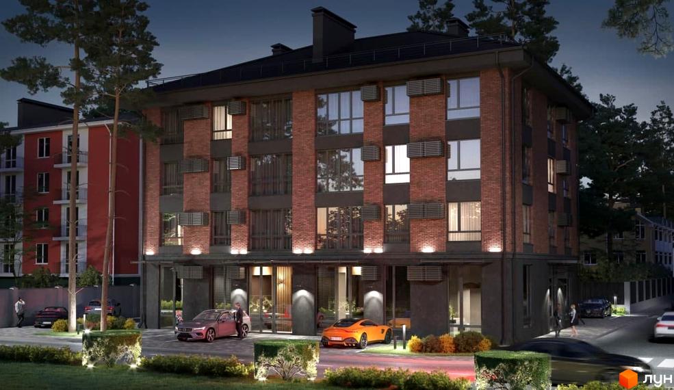Зображення фасаду будинку ЖК Поема з цегляною кладкою, великими вікнами та підсвічуванням. На прибудинковій території розташовані автомобілі та зелені насадження.