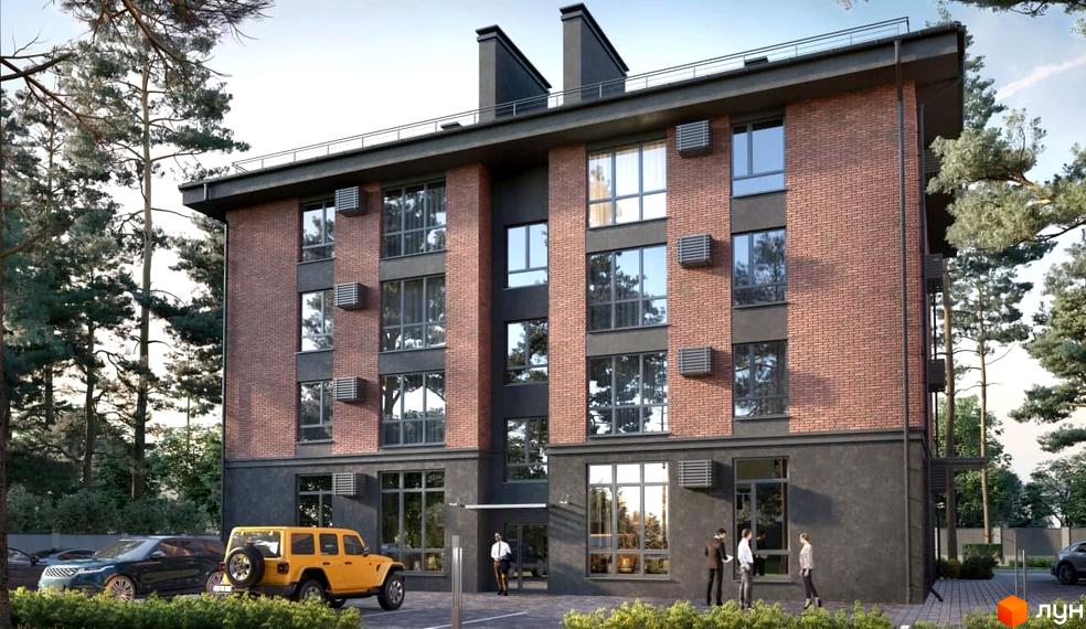 Зображення фасаду чотириповерхового будинку Будівельного проєкту КБ Поема з великими вікнами та припаркованими авто.