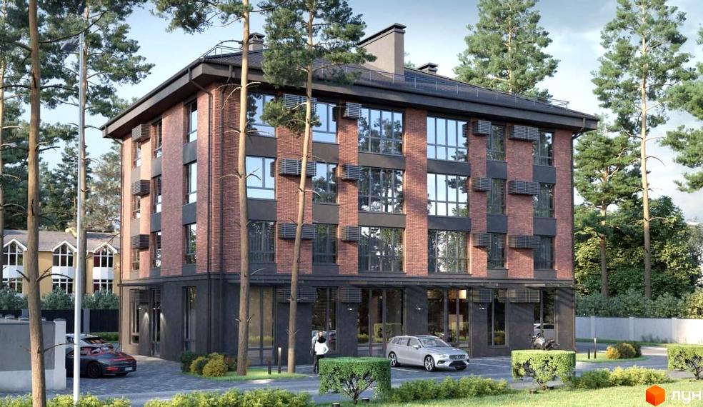 Зображення чотириповерхового будинку з червоної цегли. Навколо Житлового комплексу КБ Поема зелені насадження та припарковані автомобілі.