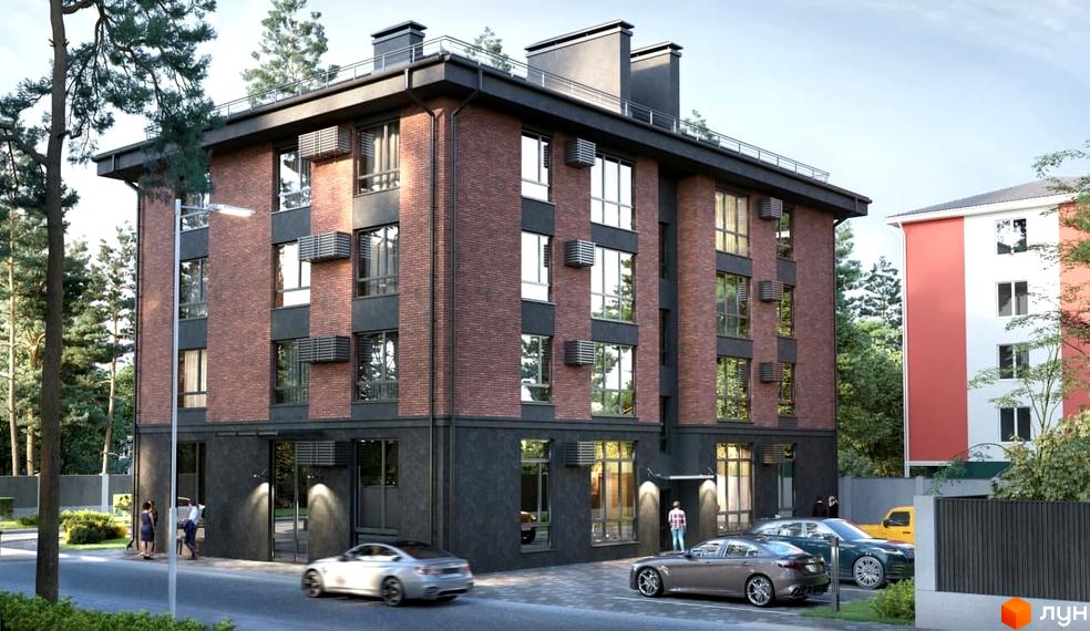 Зовнішній вигляд будинку ЖК Поема з цегляною кладкою та темними вставками. На прибудинковій території припарковані автомобілі.